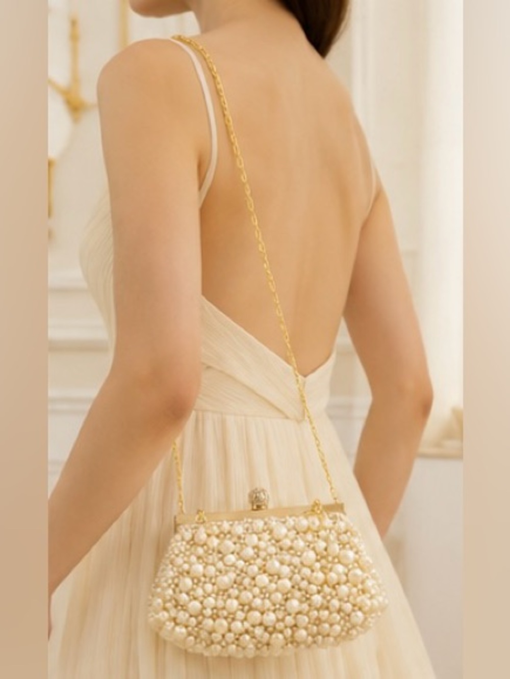 Pearl Beaded Evening Clutch Bag Bridal Wedding Gold Chain Purse